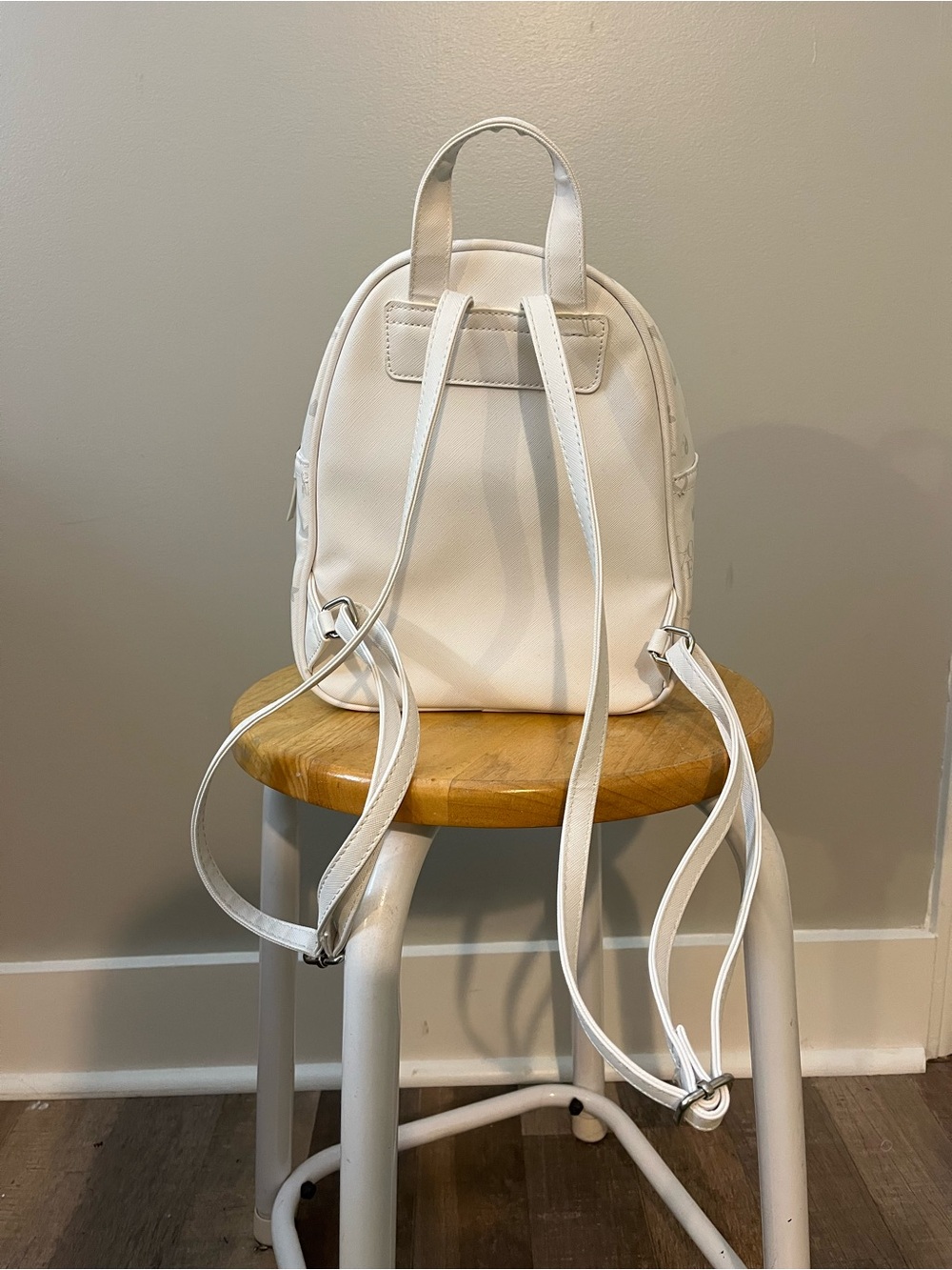 Claire's White Mini Backpack with Light Gray Icon Print - Picture 2 of 5